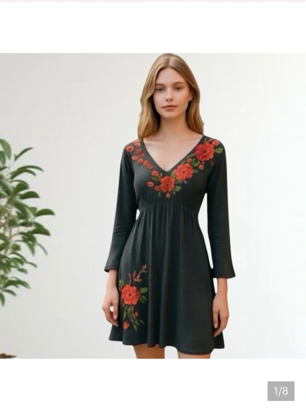 Johnny Was V-Neck Charcoal Grey Dress with Red and Pink Floral Embroidery - Picture 2 of 8